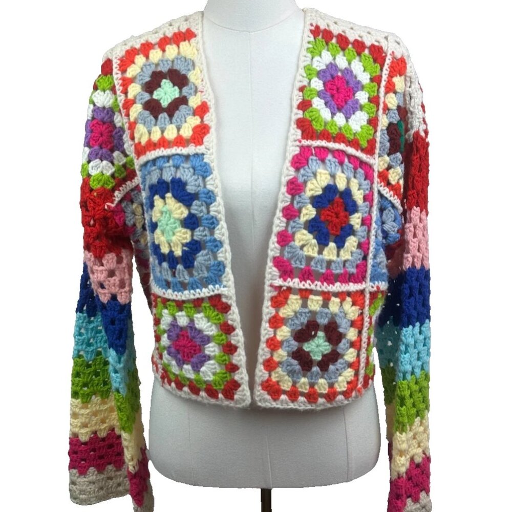 🌈 ELAN Crochet Rainbow Cardigan – Granny Squares – Size M – NWOT 🌈